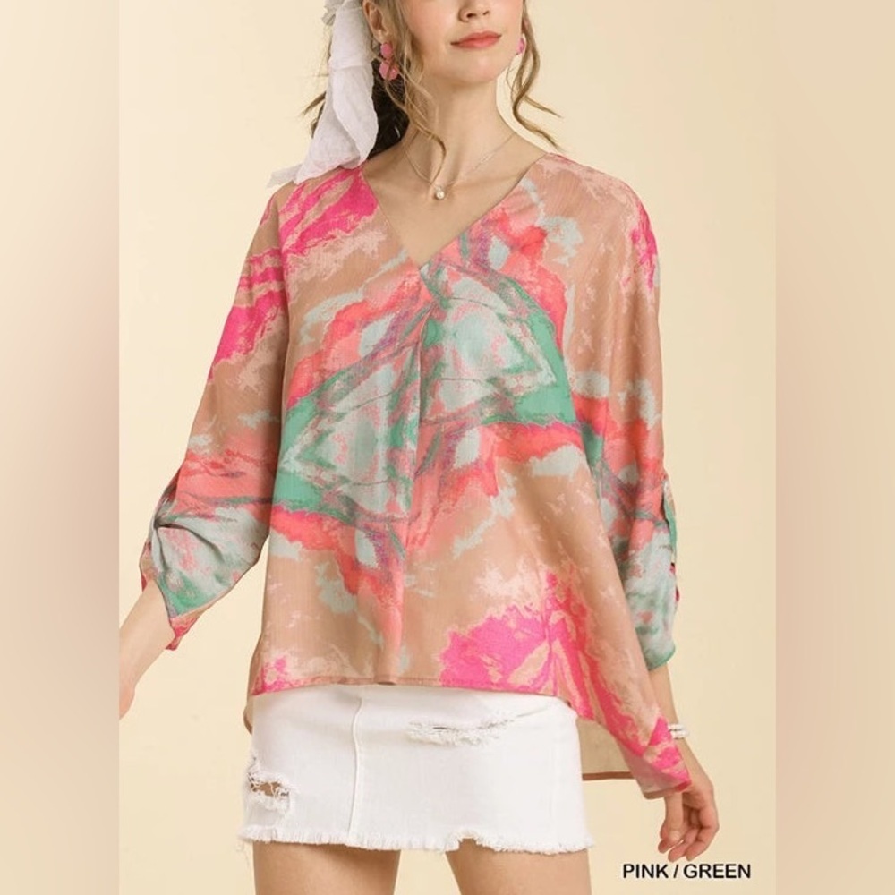 Umgee Pink Green Abstract Blouse Watercolor Boho Artist Resort Vacation Top L